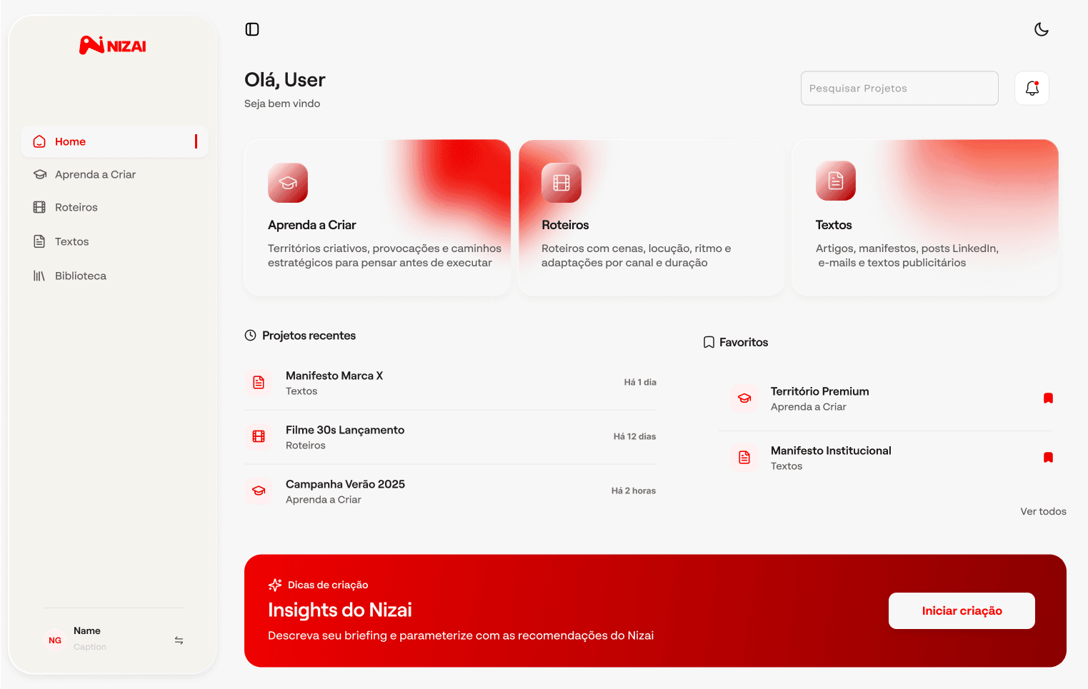 Preview da tela inicial do Nizai mostrando dashboard com campanhas e insights
