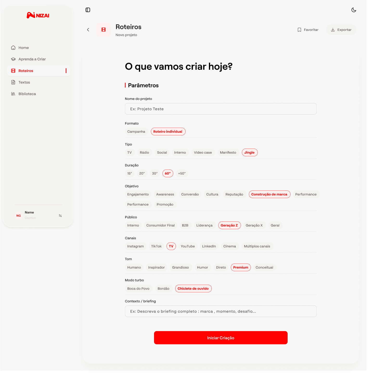 Preview da tela de roteiros do Nizai com parâmetros de criação